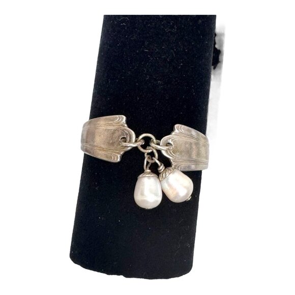 Vintage Silver Spoon Handle Bracelet Silverware Pearl Drops Elegant Upcycled 7" - Picture 4 of 8